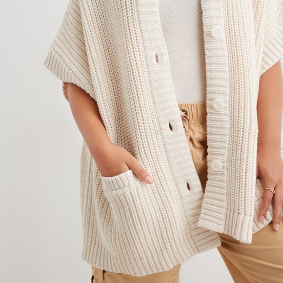 AERIE Oversized Cream Hooded Button Front Short Sleeve Cardigan Sweater XS/S NEW - Picture 4 of 10